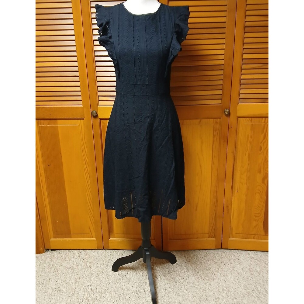 Ecowish Women's Black Eyelet Lace Fit Flare Dress with Ruffle Sleeves Size Small